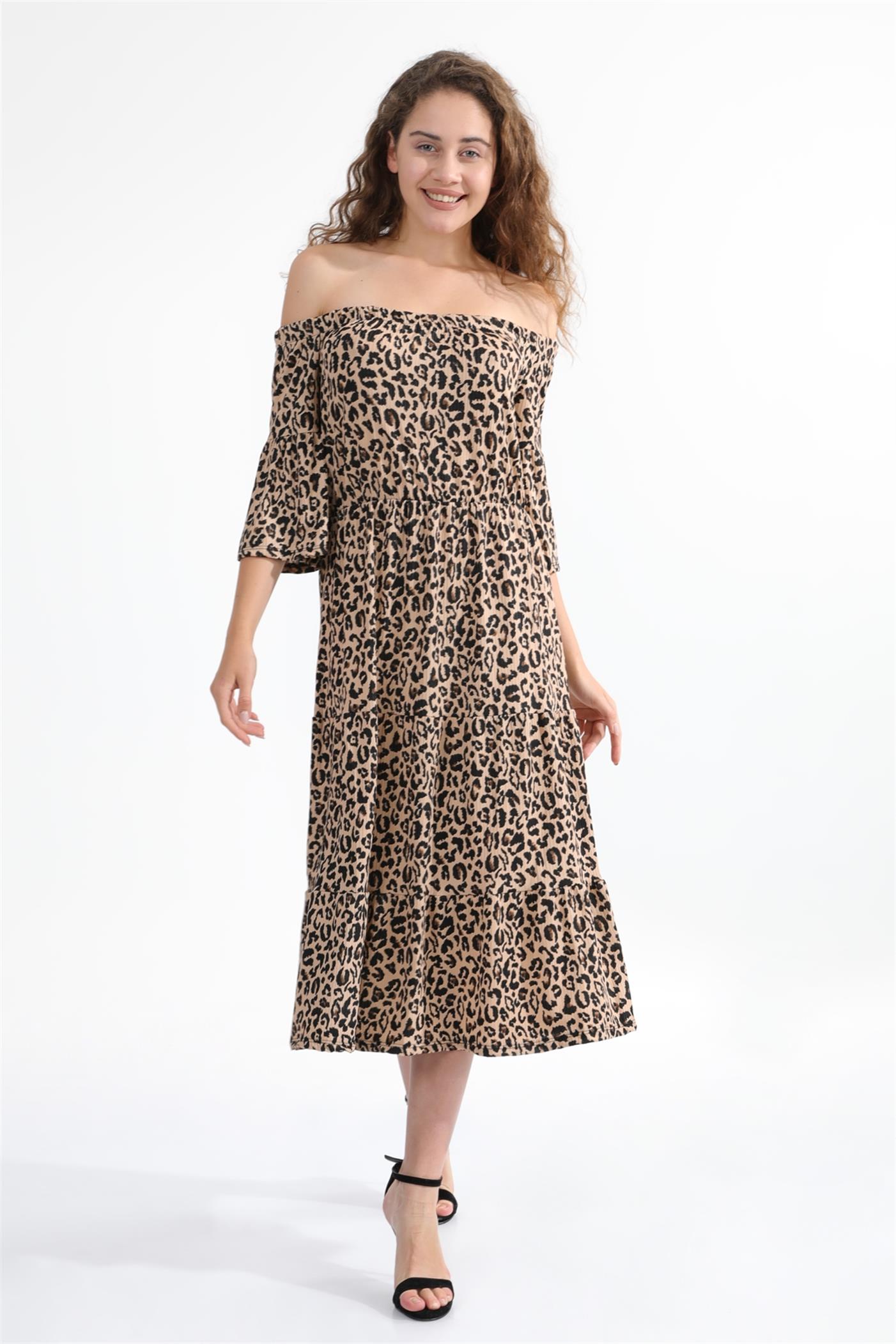 Madonna Yaka Leopar Desenli Volan Kollu Elbise - Kahve