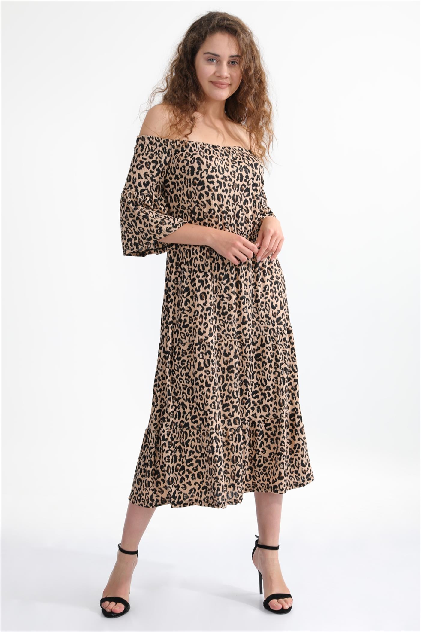 Madonna Yaka Leopar Desenli Volan Kollu Elbise - Kahve