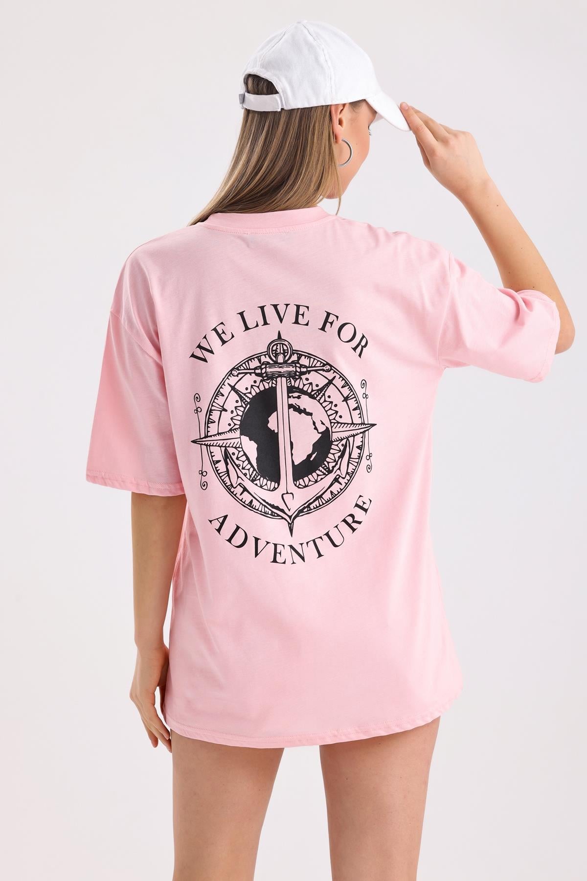 Ön Ve Sırt Adventure Baskılı Pamuklu Oversize Tişört - Pembe