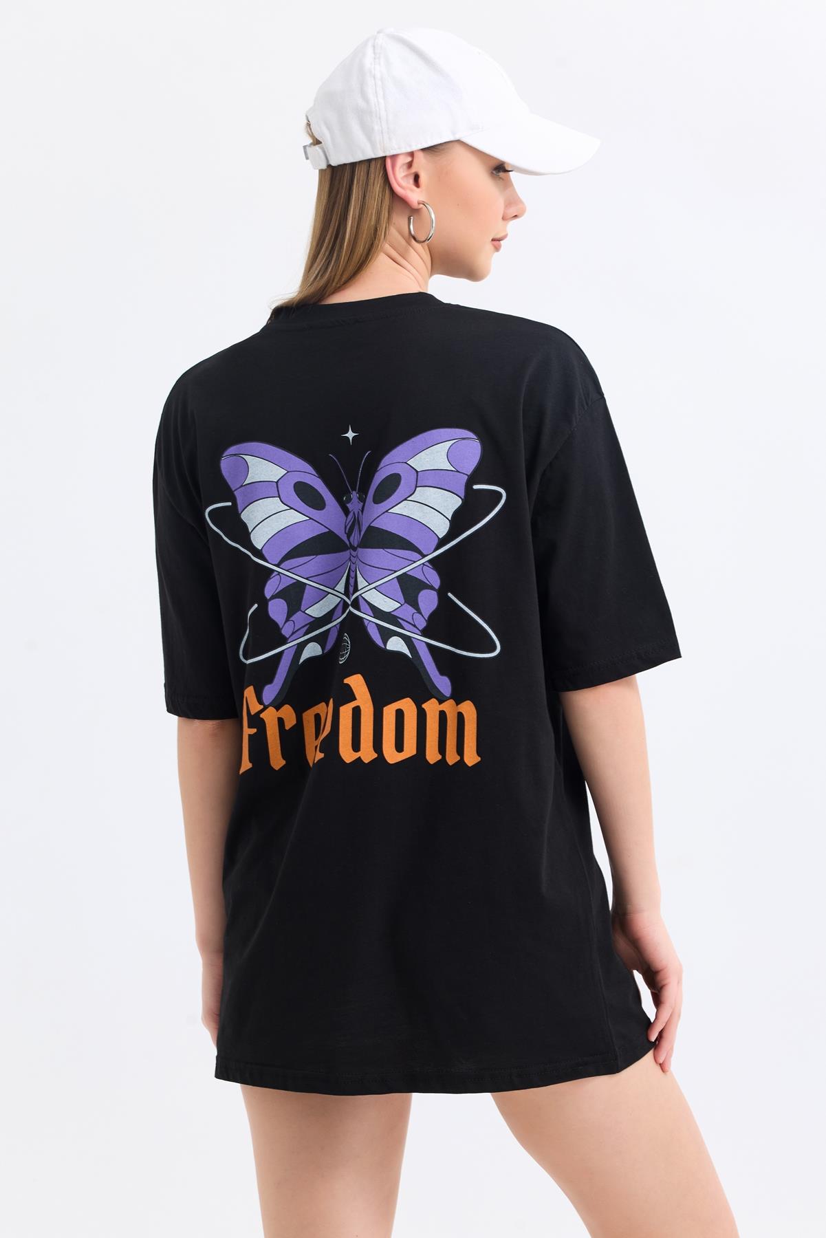 Ön Ve Sırt Freedom Kelebek Baskılı Pamuklu Oversize Tişört - Siyah