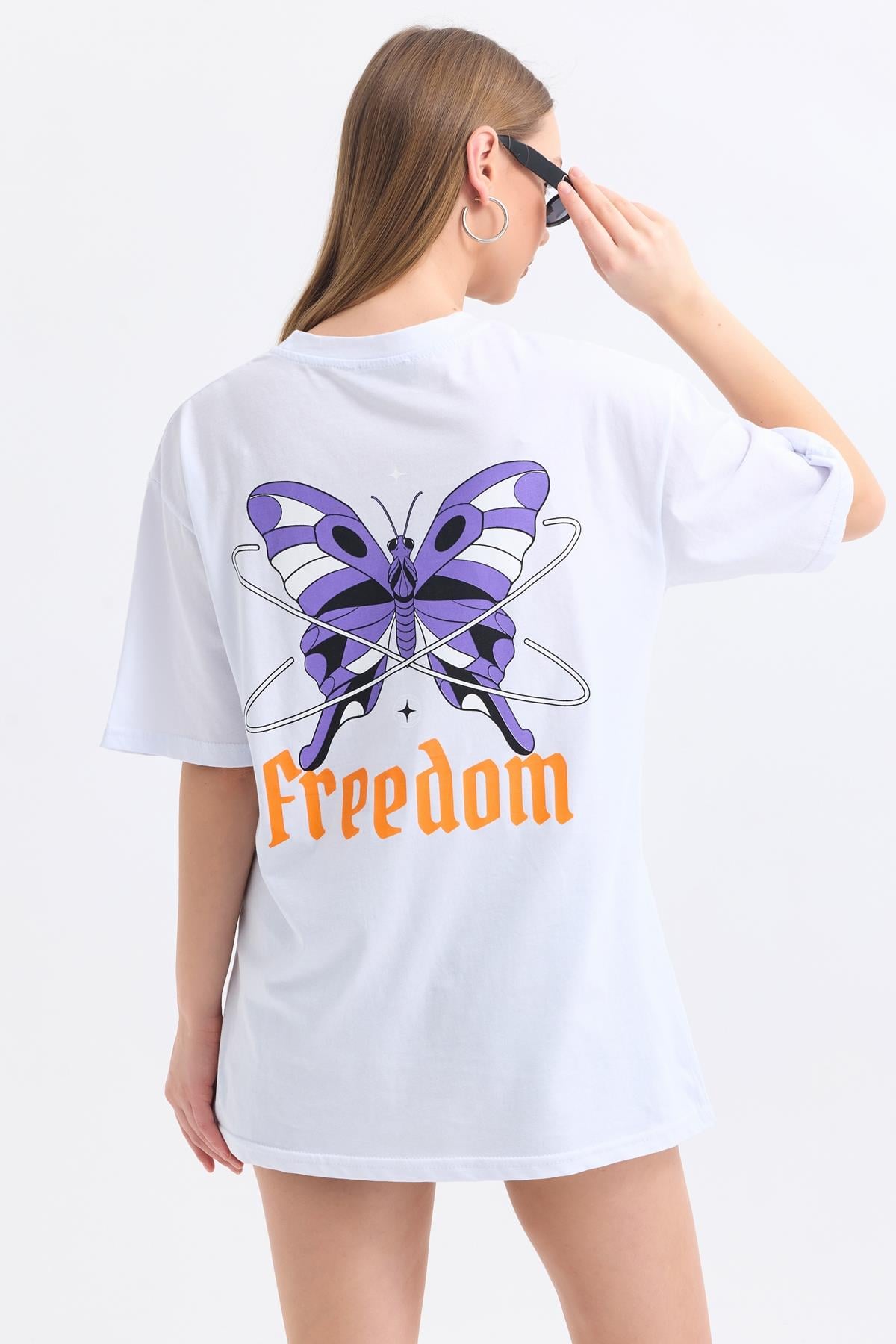 Ön Ve Sırt Freedom Kelebek Baskılı Pamuklu Oversize Tişört - Beyaz
