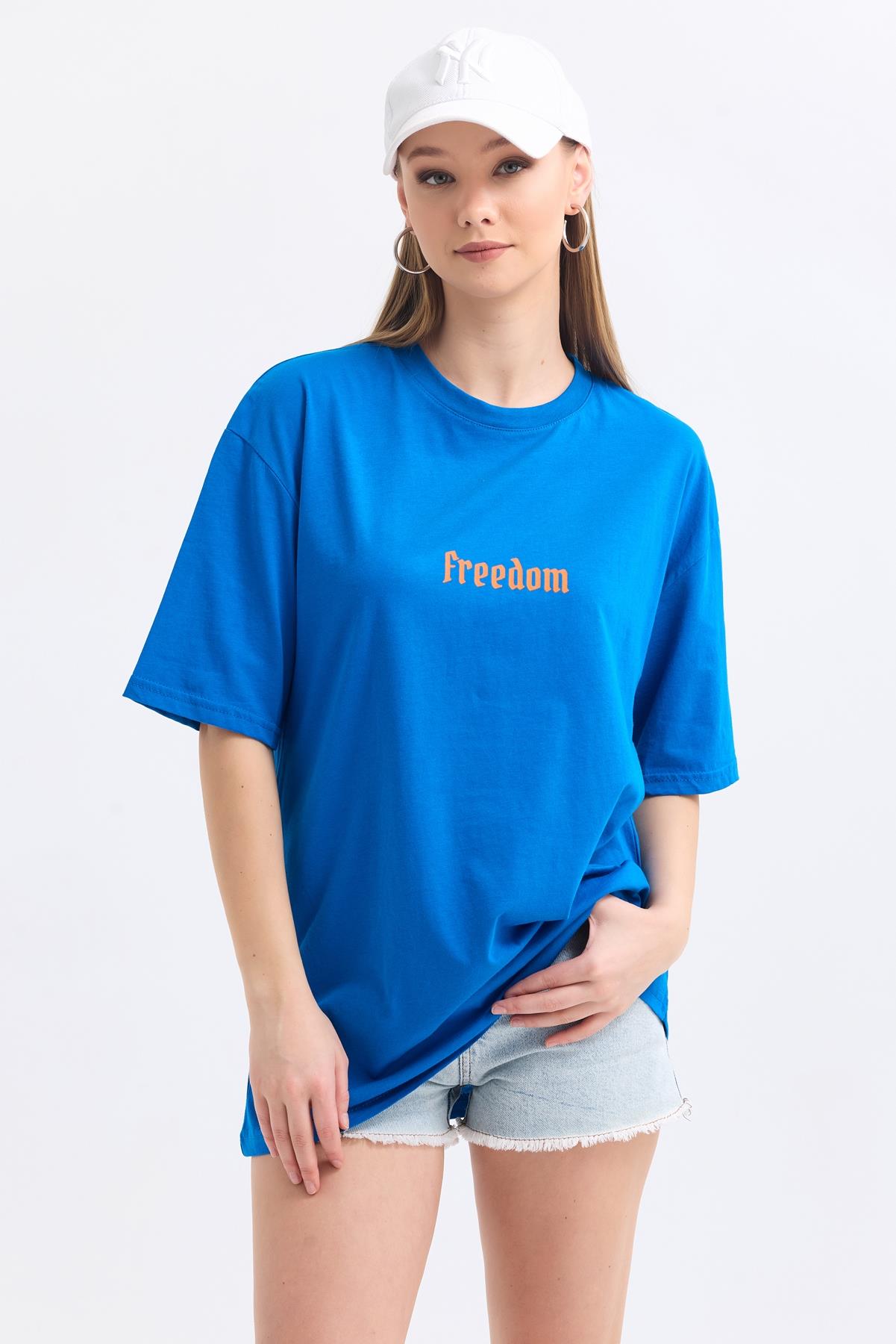 Ön Ve Sırt Freedom Kelebek Baskılı Pamuklu Oversize Tişört - Mavi