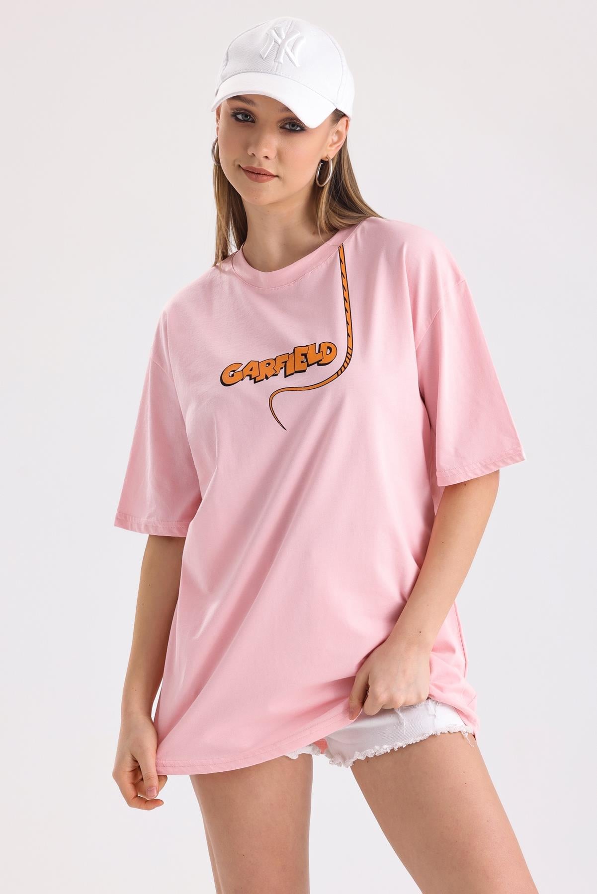 Ön Ve Sırt Garfield Baskılı Pamuklu Oversize Tişört - Pembe