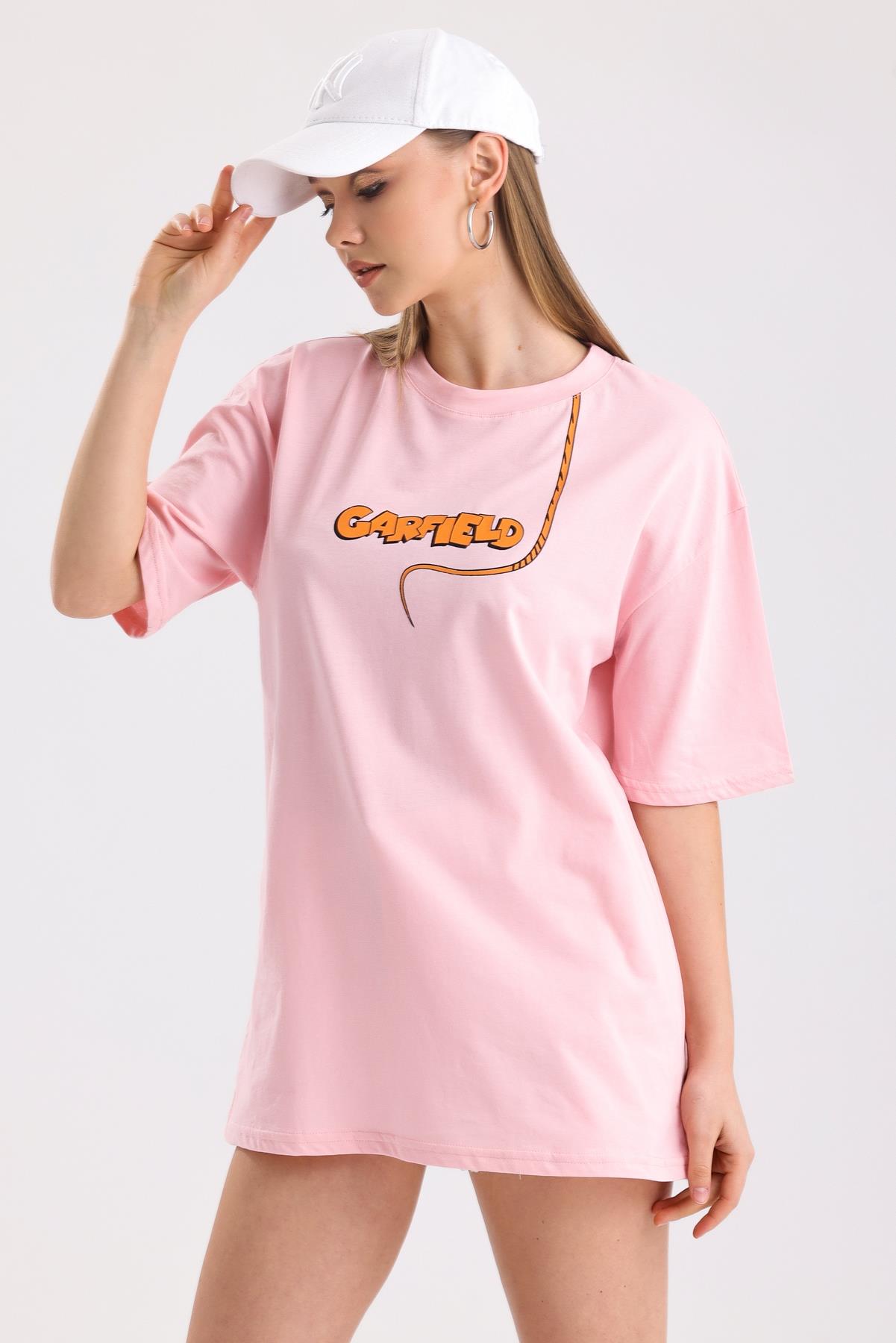 Ön Ve Sırt Garfield Baskılı Pamuklu Oversize Tişört - Pembe