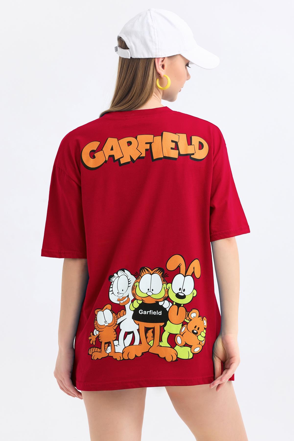 Ön Ve Sırt Garfield Family Baskılı Pamuklu Oversize Tişört - Kırmızı