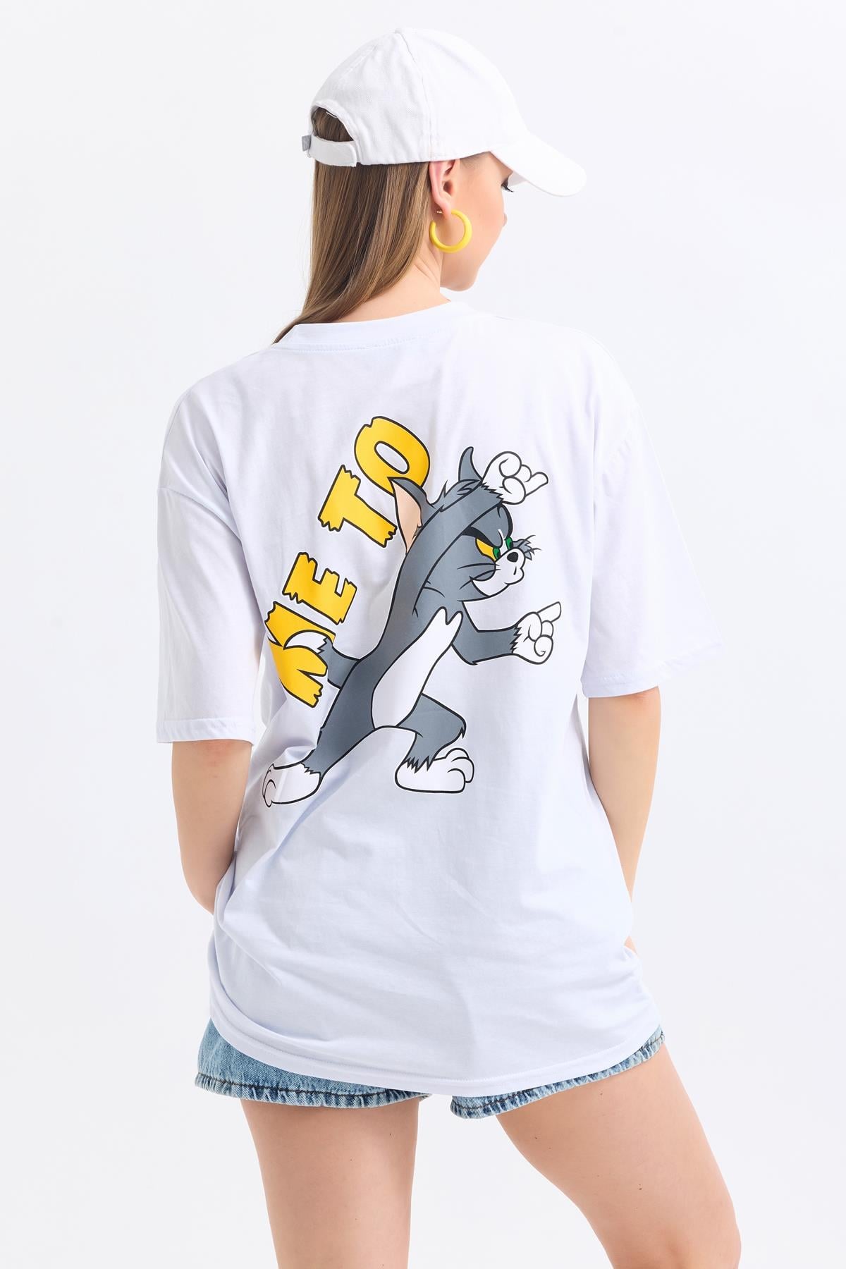 Ön Ve Sırt Tom Jerry Baskılı Pamuklu Oversize Tişört - Beyaz