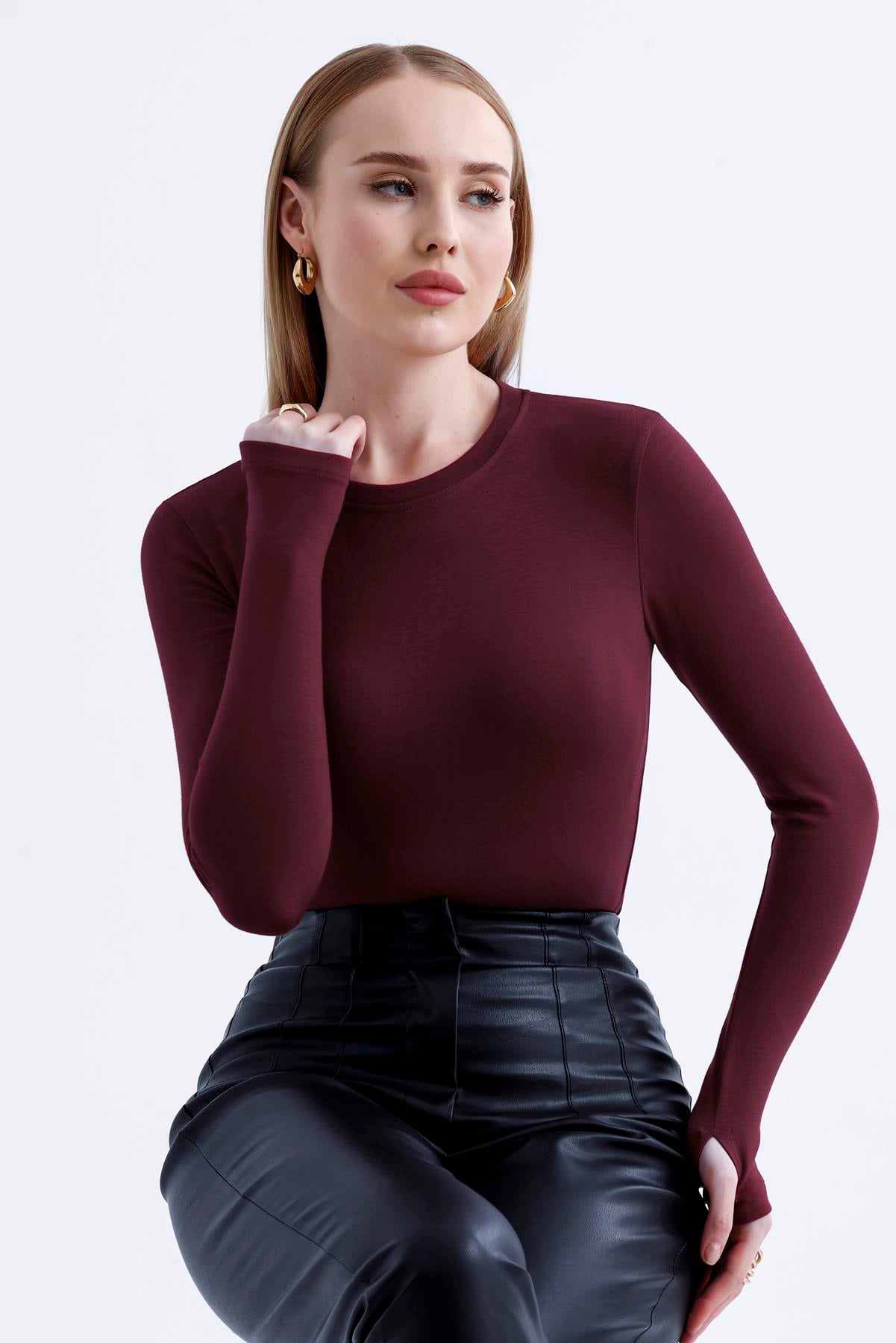 Parmak Detaylı Modal Bisiklet Yaka Body - Koyu Bordo