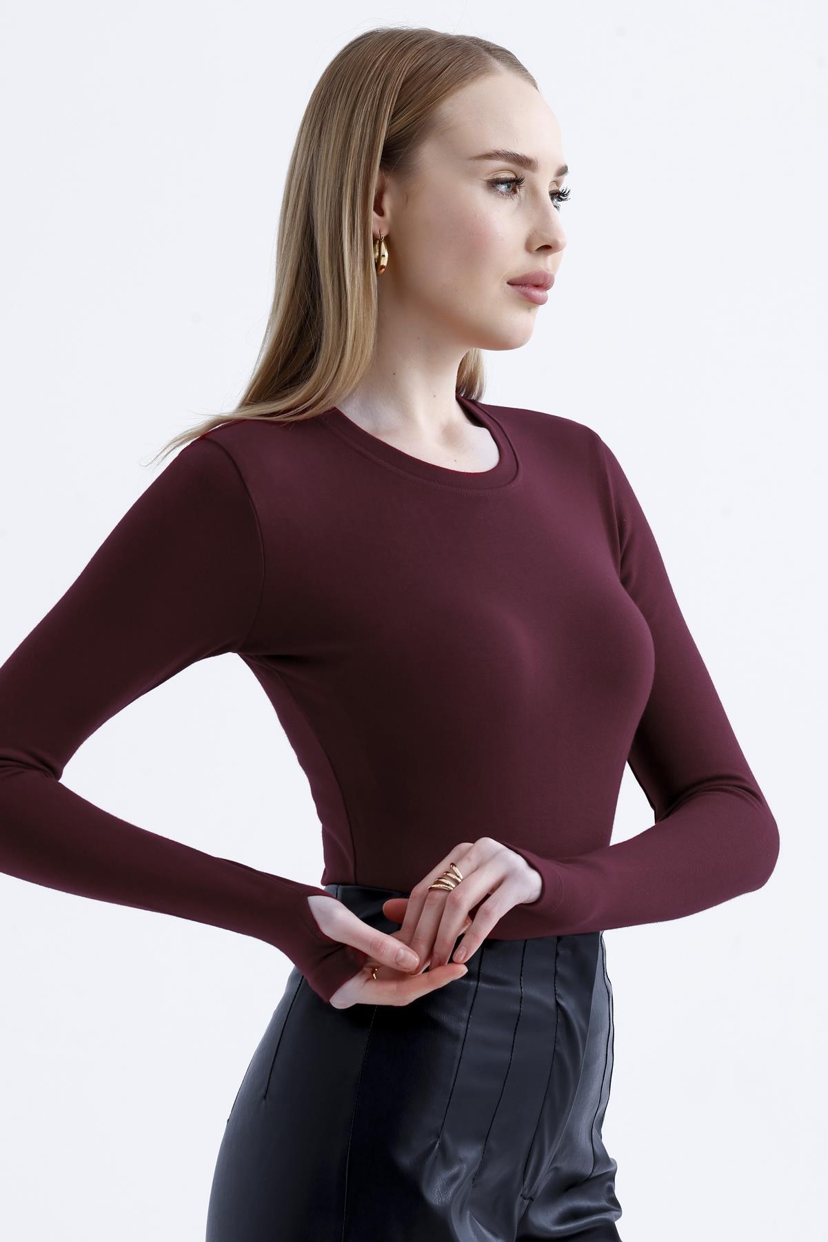 Parmak Detaylı Modal Bisiklet Yaka Body - Koyu Bordo