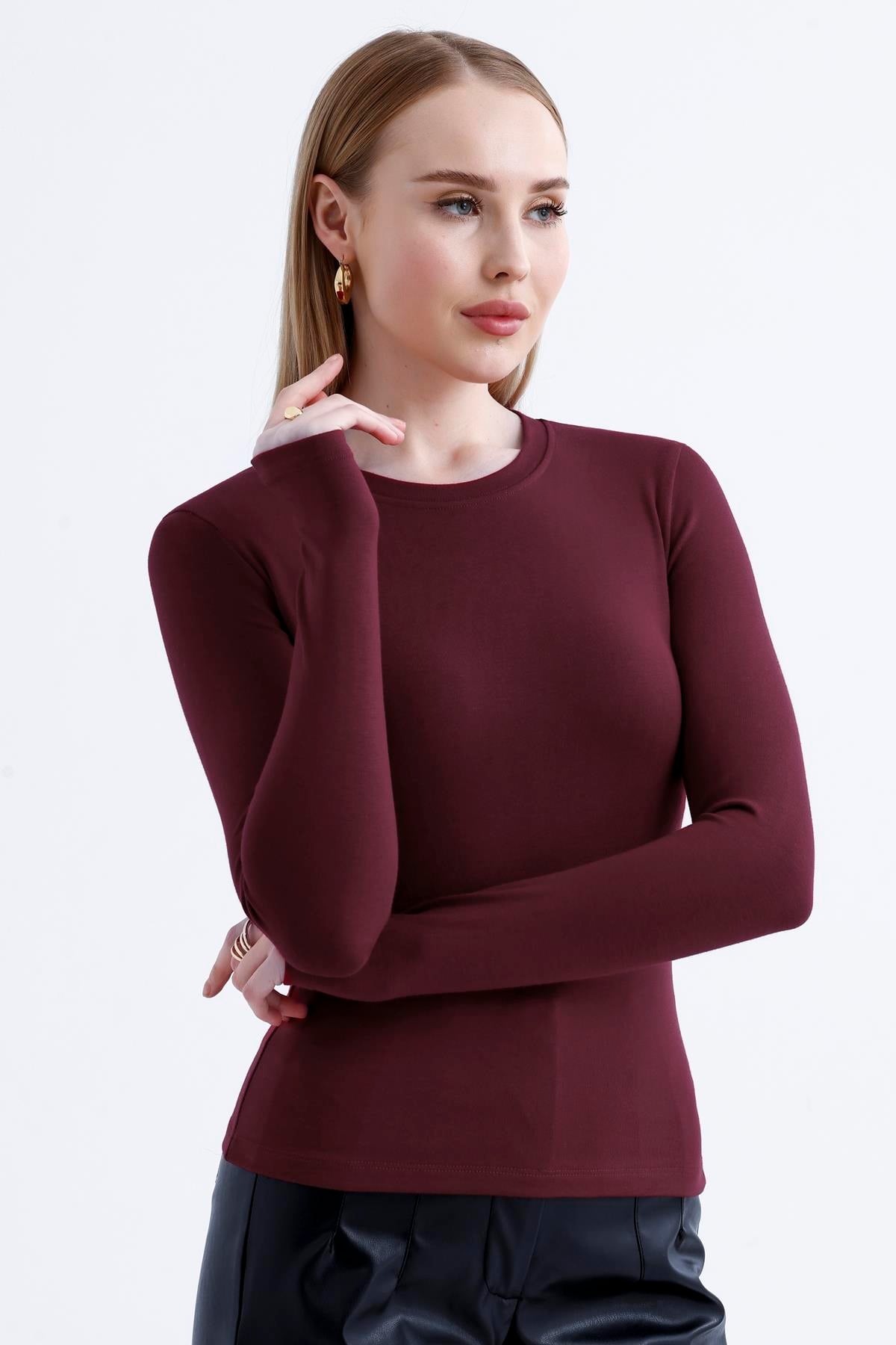 Parmak Detaylı Modal Bisiklet Yaka Body - Koyu Bordo