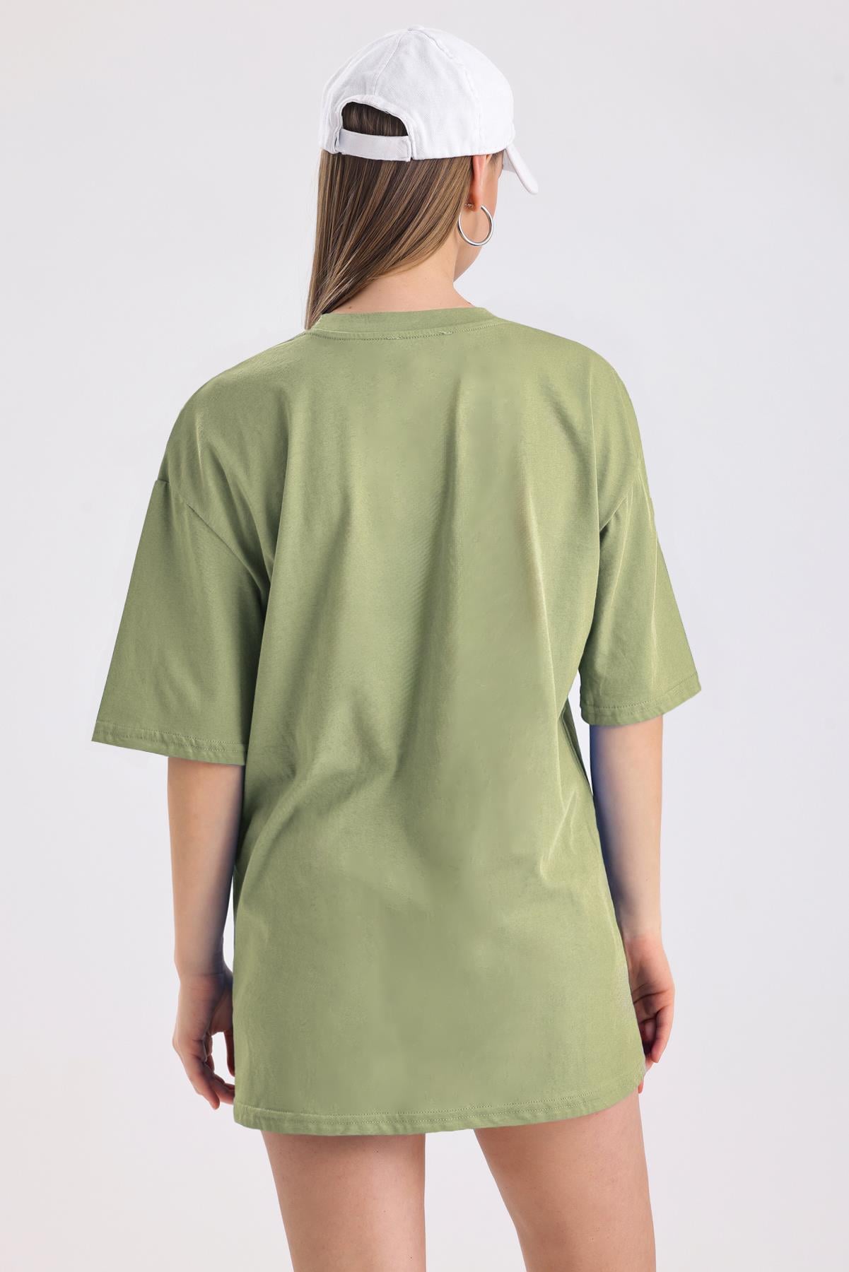 Pink Panter Baskılı Pamuklu Oversize Tişört - Olive