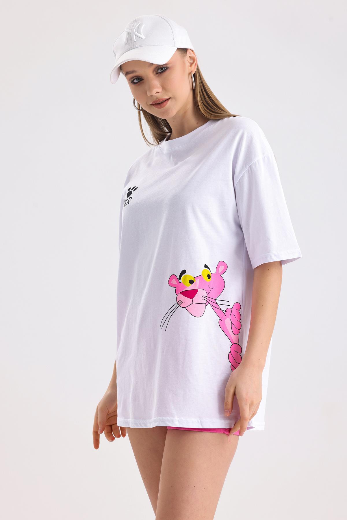 Pink Panter Baskılı Pamuklu Oversize Tişört - Beyaz