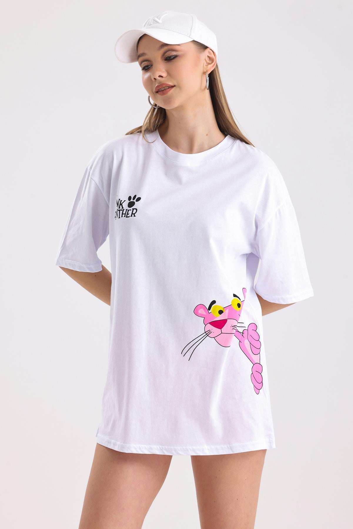 Pink Panter Baskılı Pamuklu Oversize Tişört - Beyaz