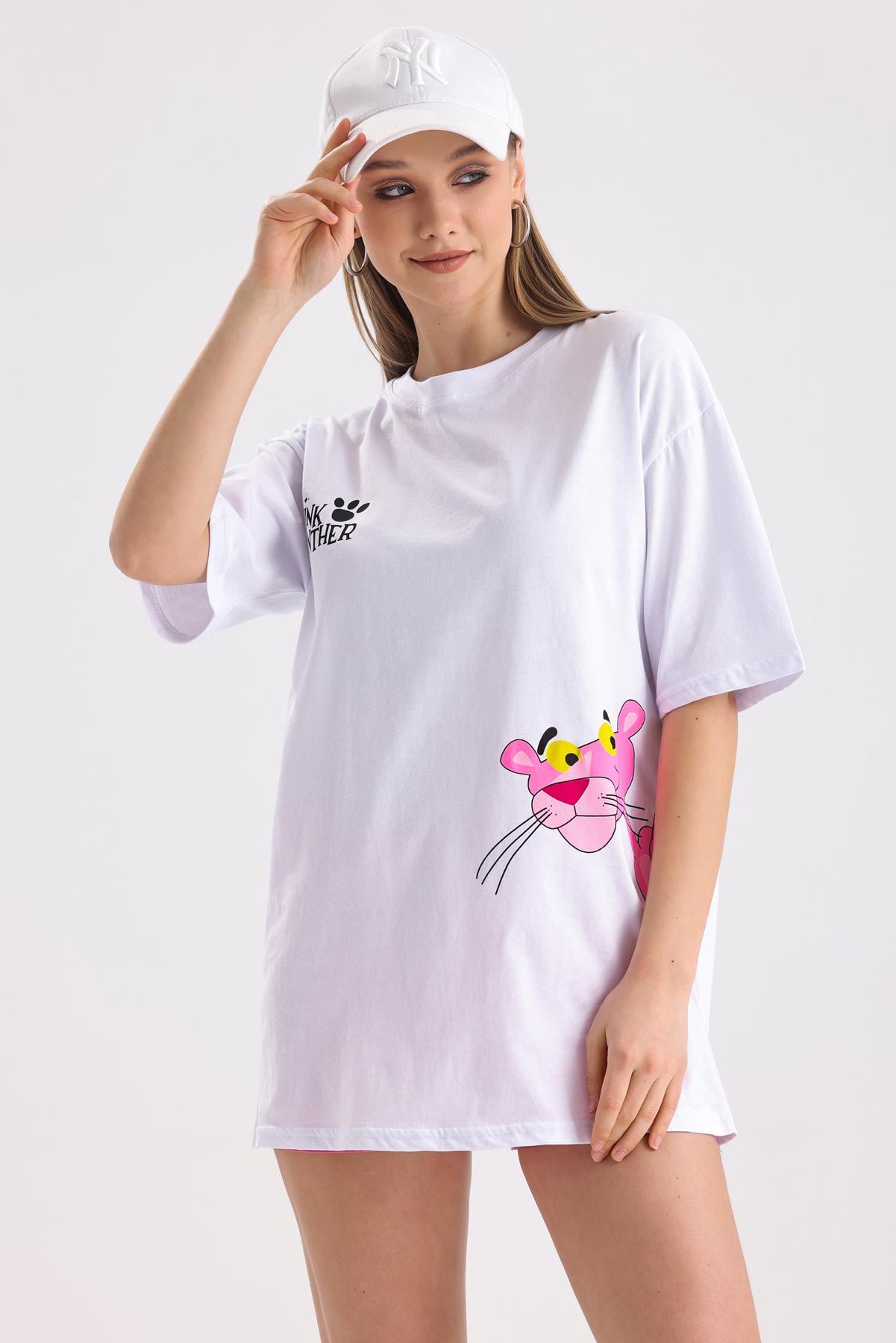Pink Panter Baskılı Pamuklu Oversize Tişört - Beyaz