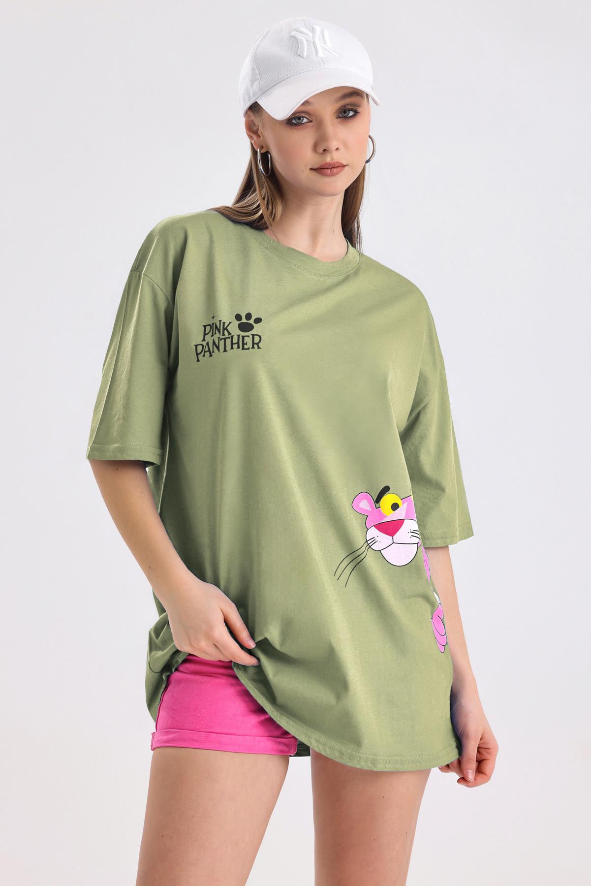 Pink Panter Baskılı Pamuklu Oversize Tişört - Olive