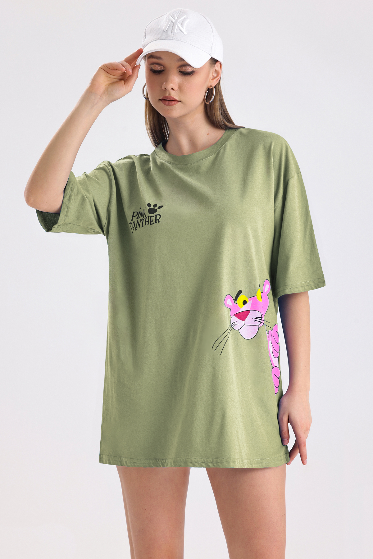 Pink Panter Baskılı Pamuklu Oversize Tişört - Olive