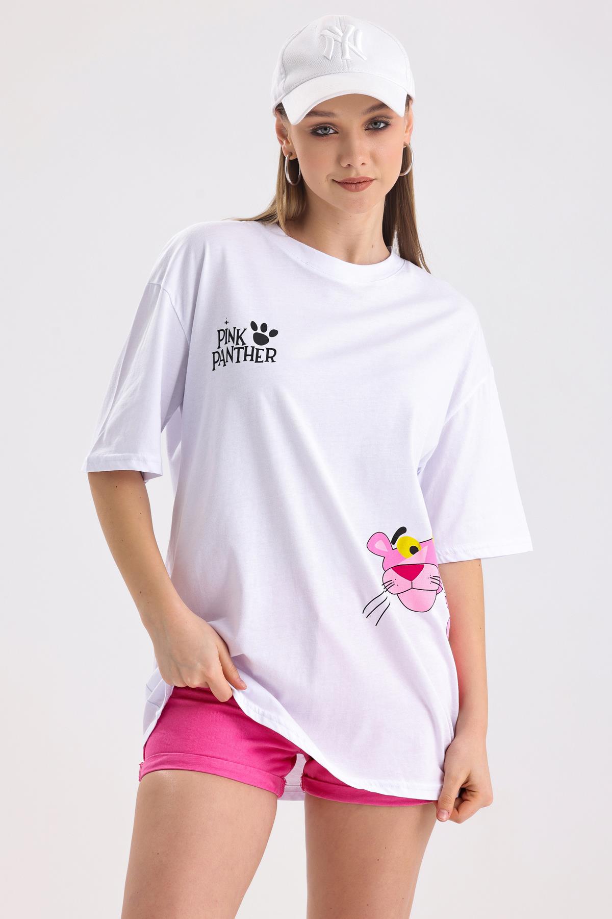 Pink Panter Baskılı Pamuklu Oversize Tişört - Beyaz
