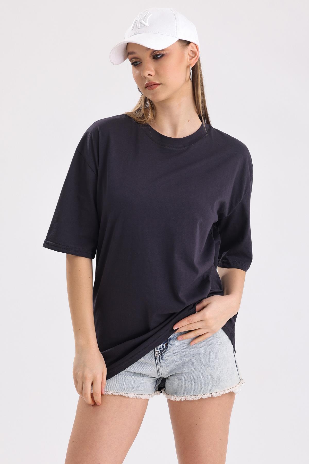 Sırt Baskılı Pamuklu Oversize Tişört - Antrasit