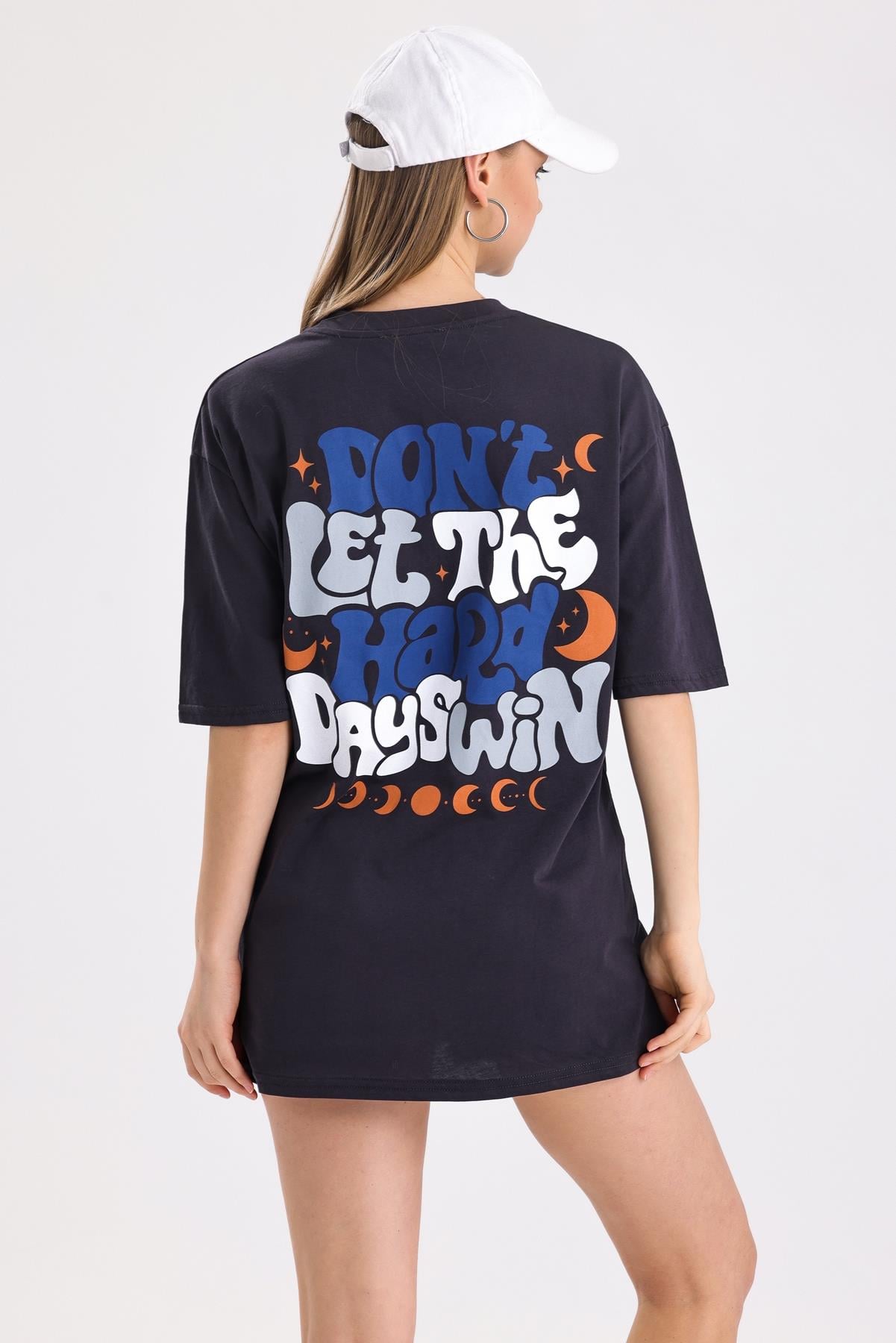 Sırt Baskılı Pamuklu Oversize Tişört - Antrasit