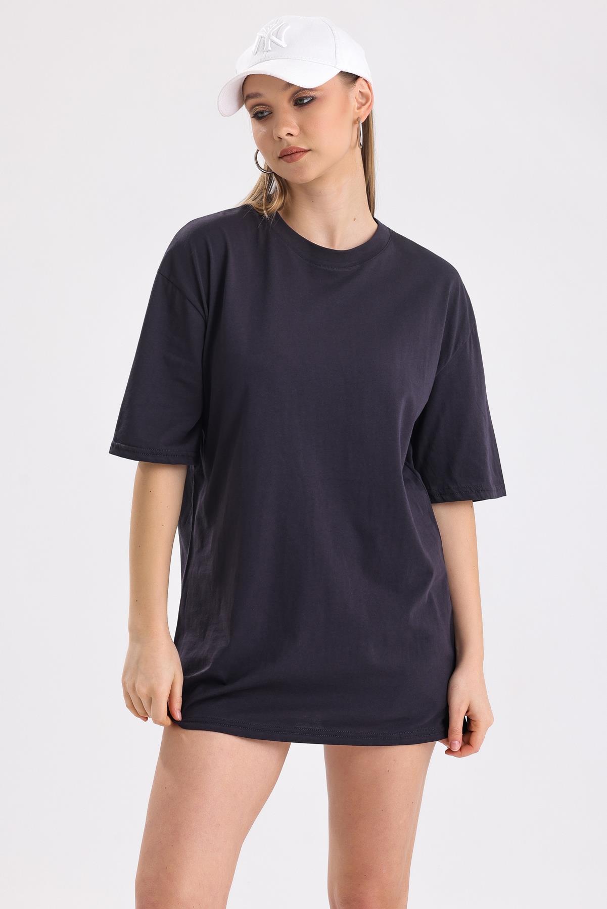 Sırt Baskılı Pamuklu Oversize Tişört - Antrasit