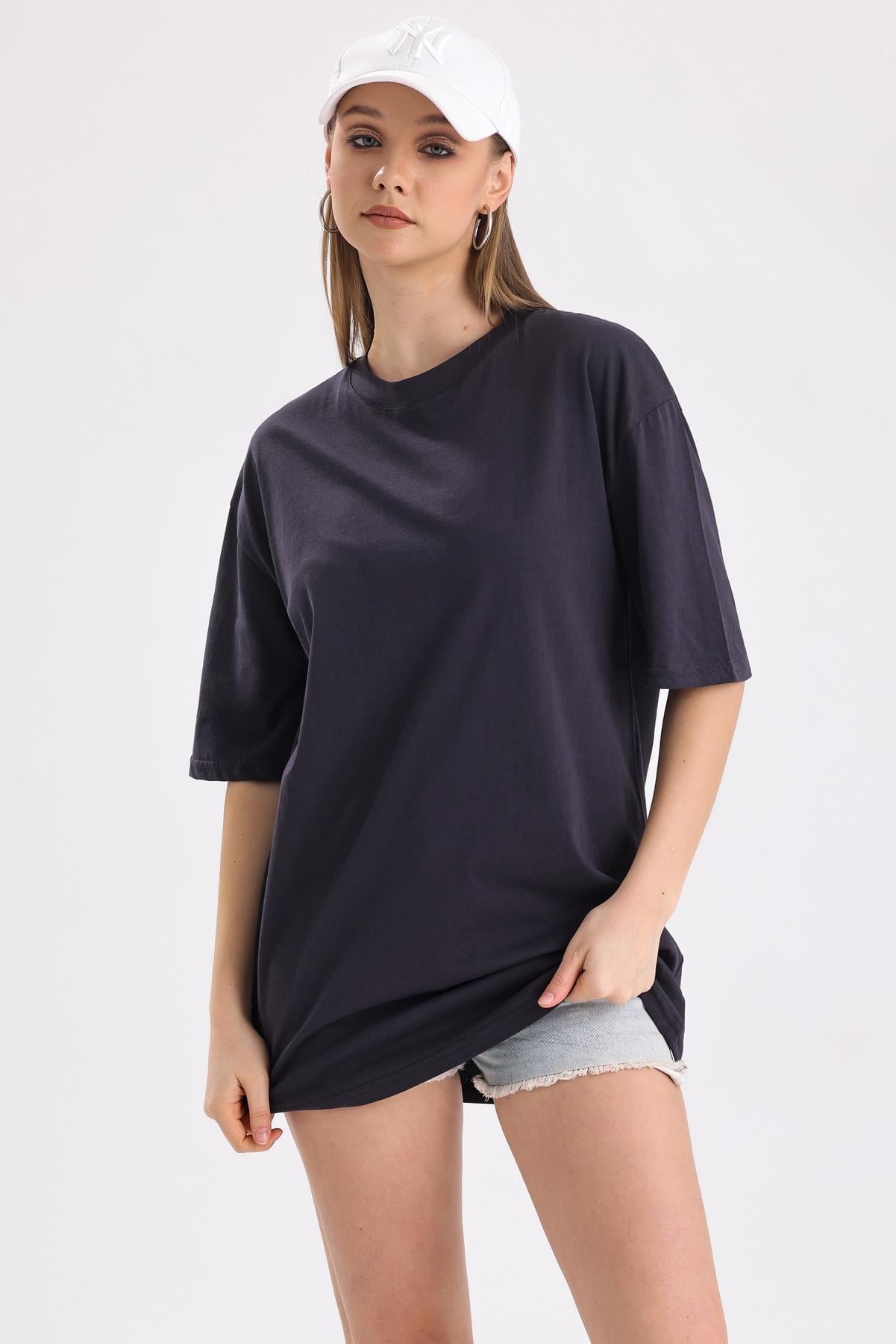 Sırt Baskılı Pamuklu Oversize Tişört - Antrasit