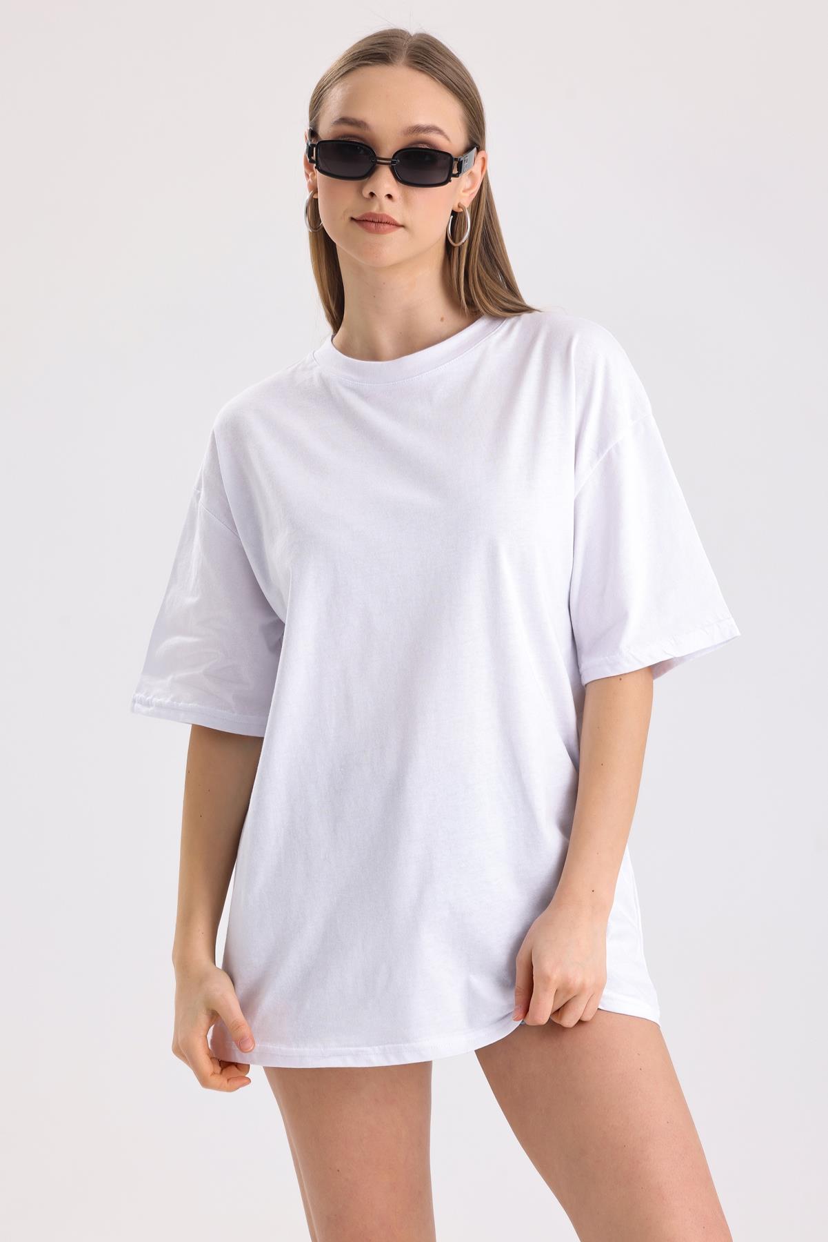 Sırt Baskılı Pamuklu Oversize Tişört - Beyaz