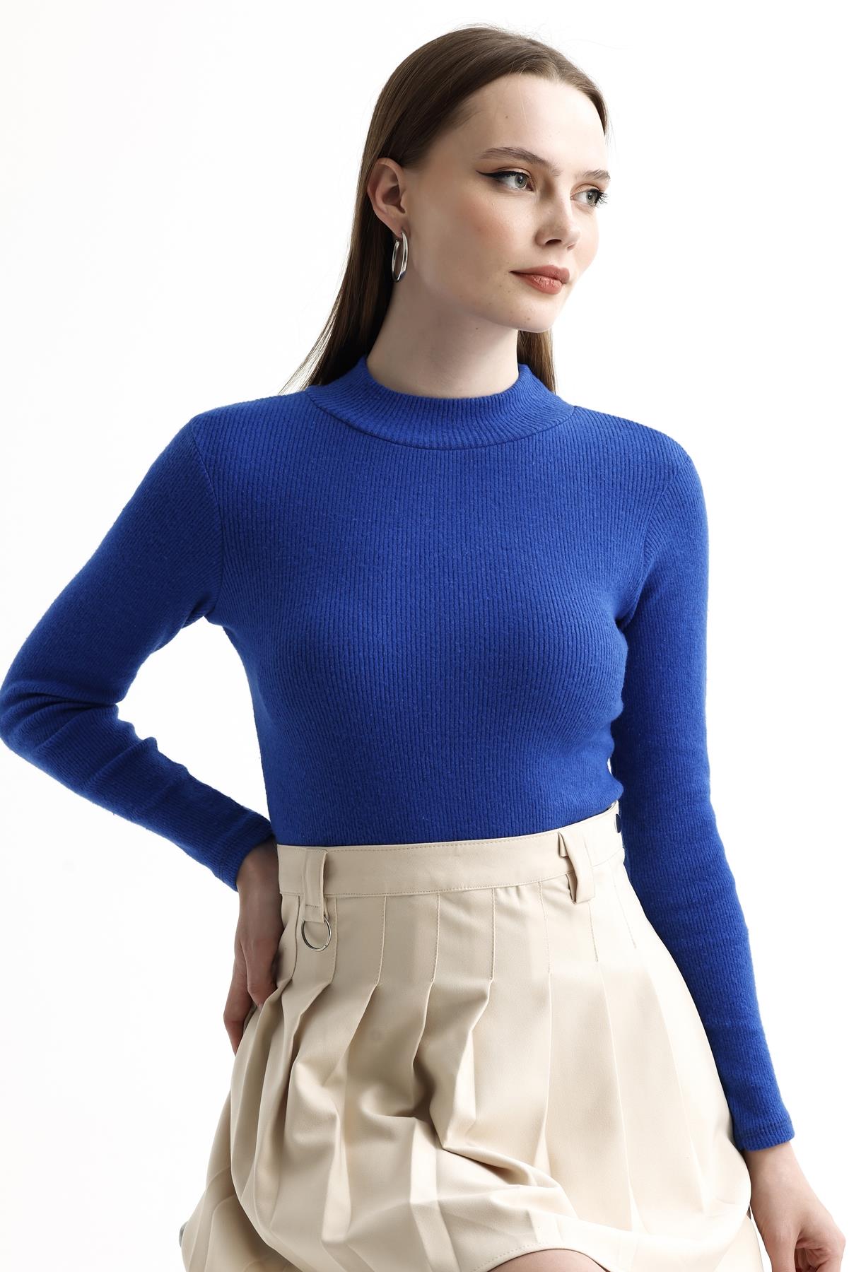 Yarım Balıkçı Yaka Şardonlu Fitilli Kazak - Saks