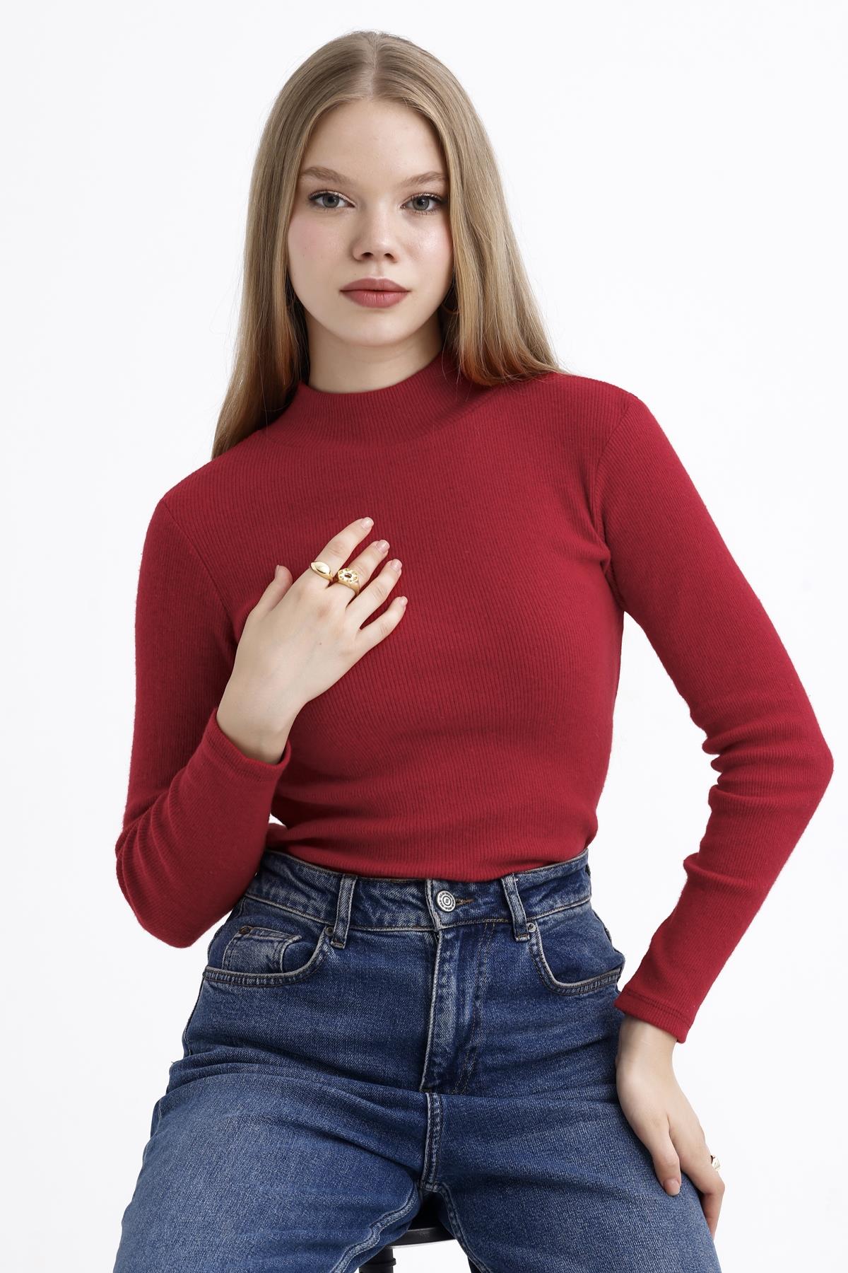 Yarım Balıkçı Yaka Şardonlu Fitilli Kazak - Kırmızı