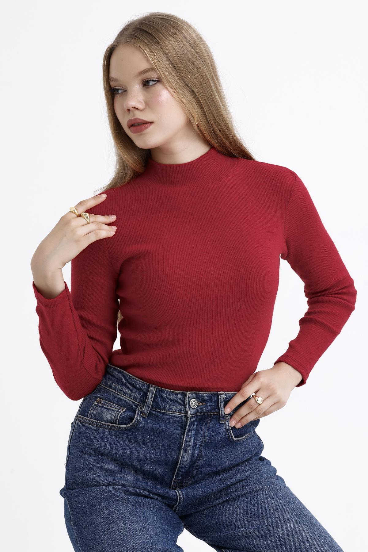 Yarım Balıkçı Yaka Şardonlu Fitilli Kazak - Kırmızı