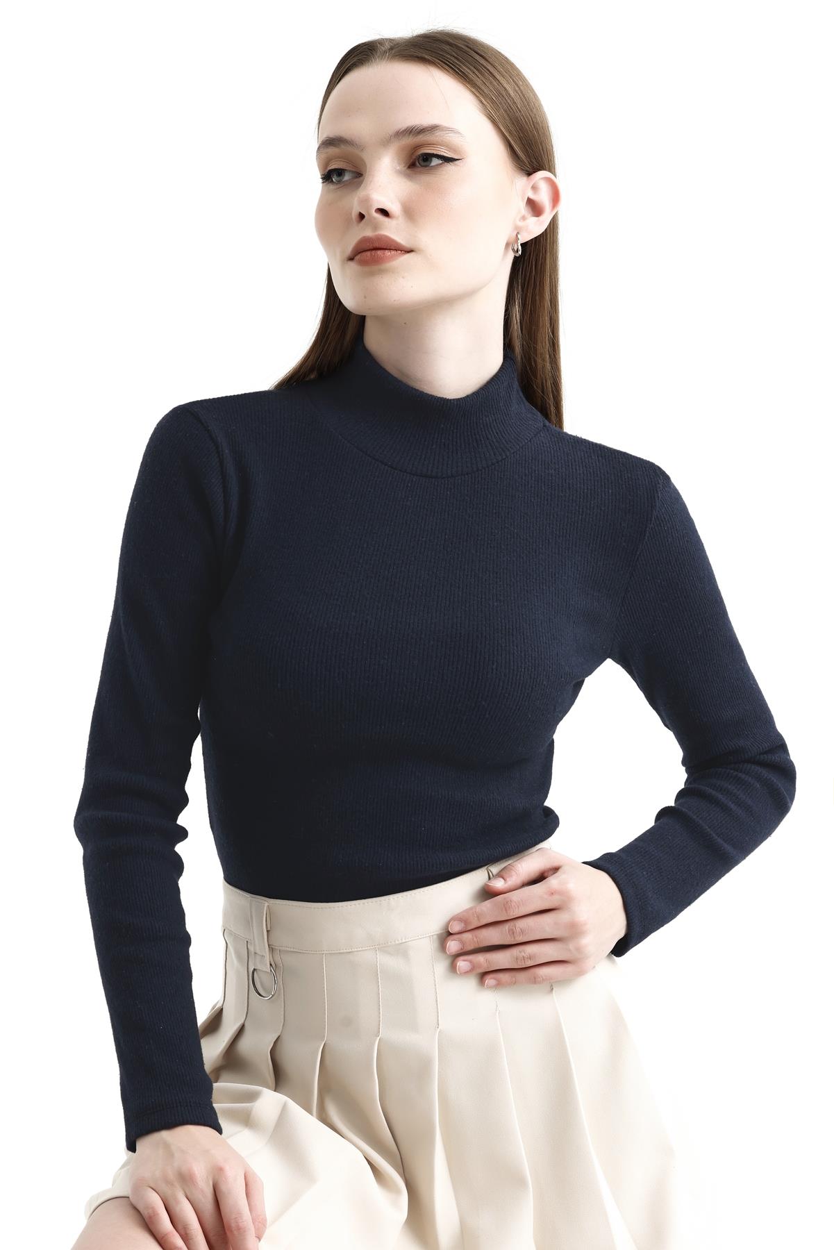 Yarım Balıkçı Yaka Şardonlu Fitilli Kazak - Lacivert