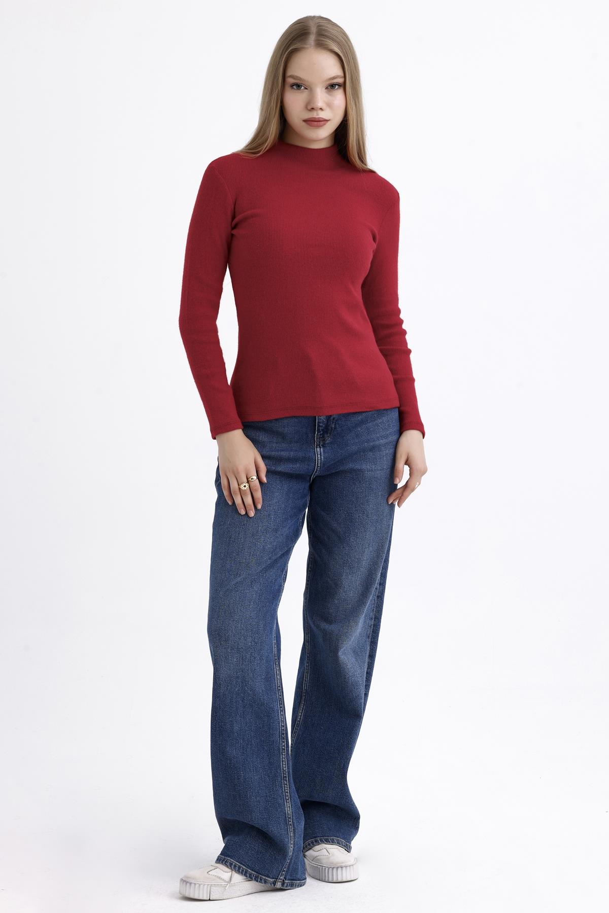 Yarım Balıkçı Yaka Şardonlu Fitilli Kazak - Kırmızı