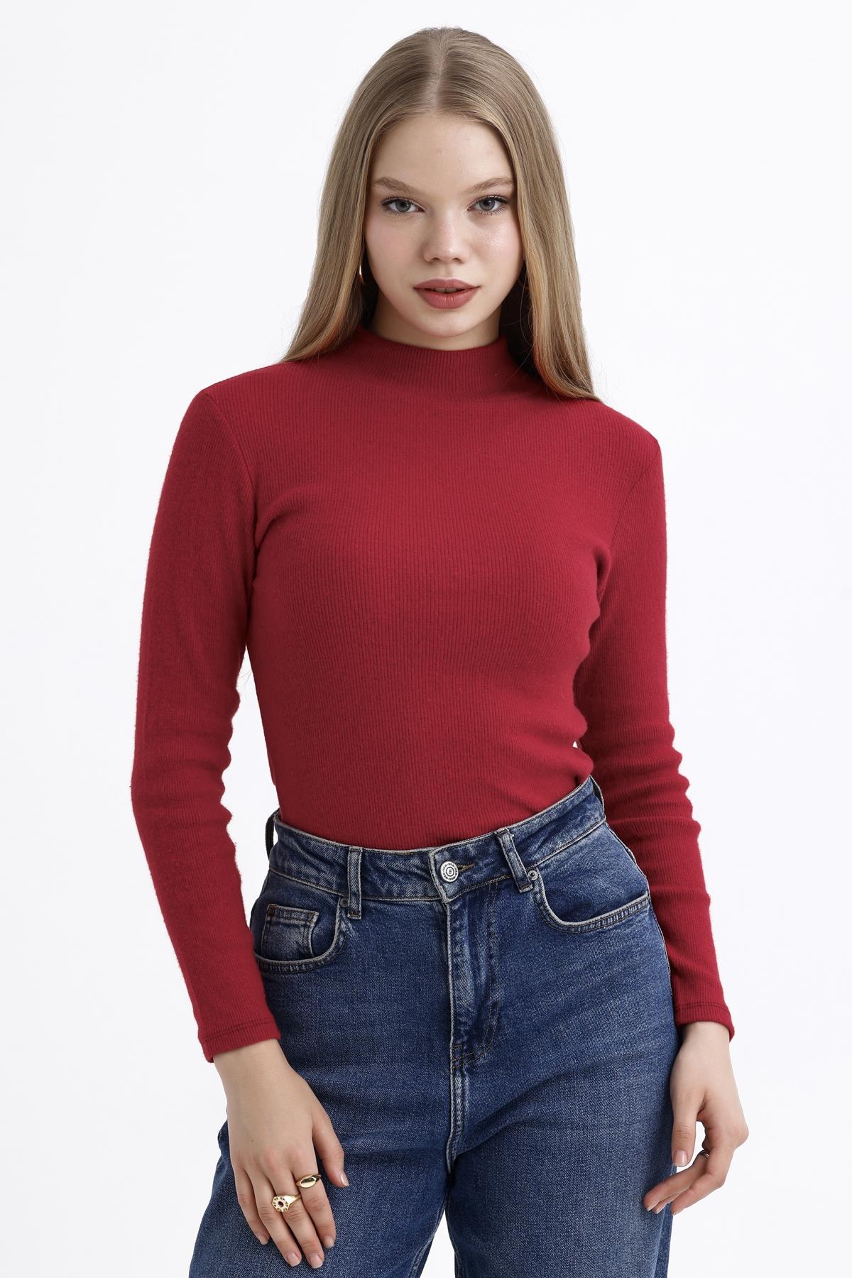 Yarım Balıkçı Yaka Şardonlu Fitilli Kazak - Kırmızı