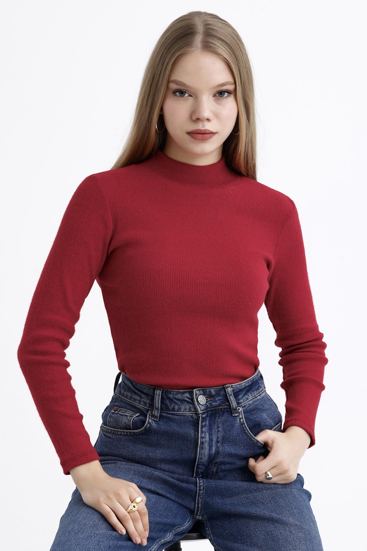 Yarım Balıkçı Yaka Şardonlu Fitilli Kazak - Kırmızı