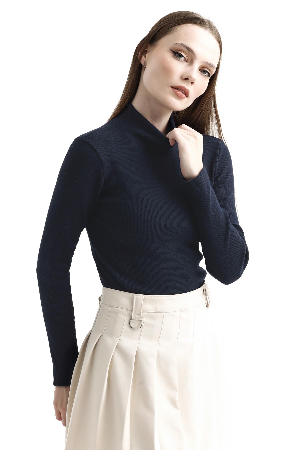 Yarım Balıkçı Yaka Şardonlu Fitilli Kazak - Lacivert