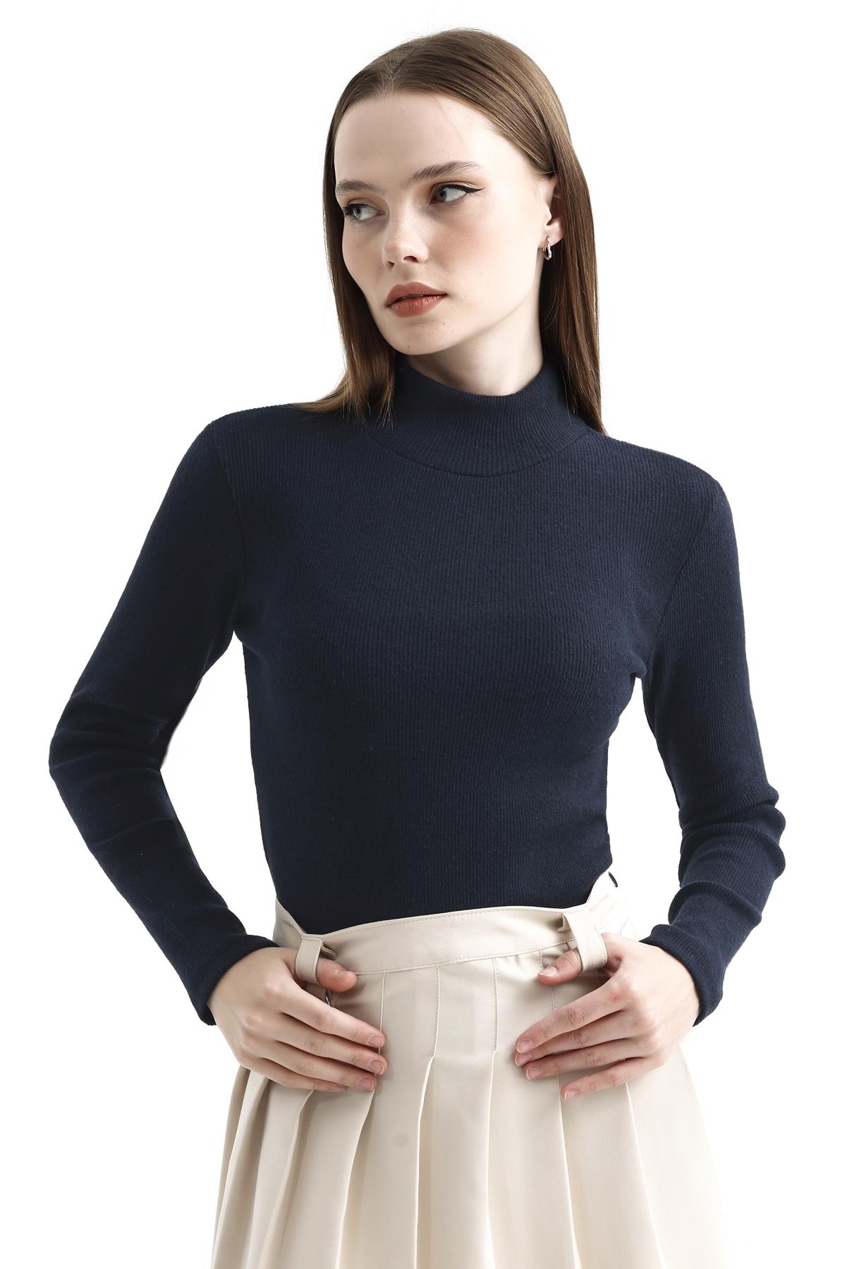 Yarım Balıkçı Yaka Şardonlu Fitilli Kazak - Lacivert