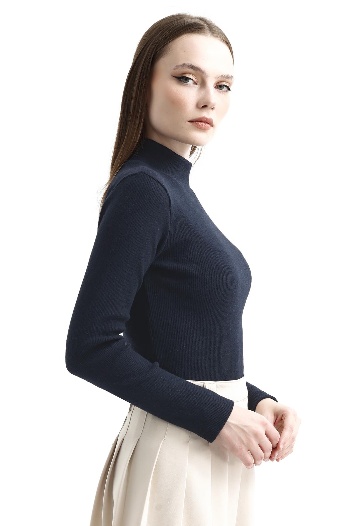 Yarım Balıkçı Yaka Şardonlu Fitilli Kazak - Lacivert