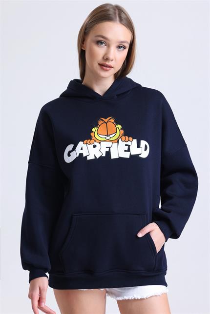  Garfield Baskılı İçi Polarlı Kapüşonlu Kanguru Cepli Oversize Sweatshirt - Lacivert