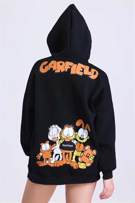  Garfield Baskılı İçi Polarlı Kapüşonlu Kanguru Cepli Oversize Sweatshirt - Siyah