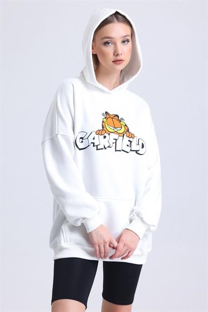  Garfield Baskılı İçi Polarlı Kapüşonlu Kanguru Cepli Oversize Sweatshirt - Beyaz