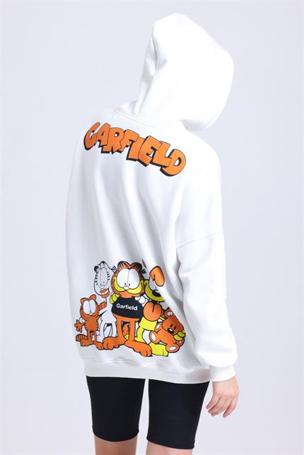  Garfield Baskılı İçi Polarlı Kapüşonlu Kanguru Cepli Oversize Sweatshirt - Beyaz