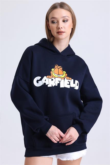  Garfield Baskılı İçi Polarlı Kapüşonlu Kanguru Cepli Oversize Sweatshirt - Lacivert