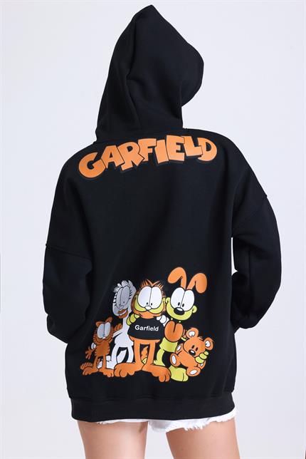  Garfield Baskılı İçi Polarlı Kapüşonlu Kanguru Cepli Oversize Sweatshirt - Siyah