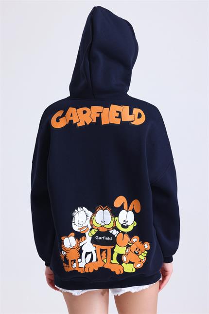  Garfield Baskılı İçi Polarlı Kapüşonlu Kanguru Cepli Oversize Sweatshirt - Lacivert