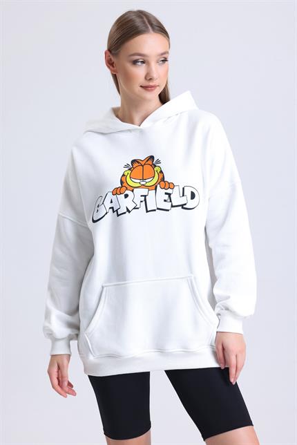  Garfield Baskılı İçi Polarlı Kapüşonlu Kanguru Cepli Oversize Sweatshirt - Beyaz