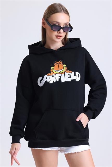  Garfield Baskılı İçi Polarlı Kapüşonlu Kanguru Cepli Oversize Sweatshirt - Siyah