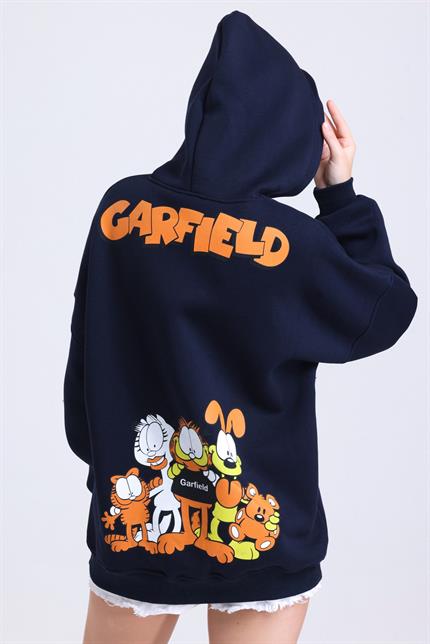  Garfield Baskılı İçi Polarlı Kapüşonlu Kanguru Cepli Oversize Sweatshirt - Lacivert