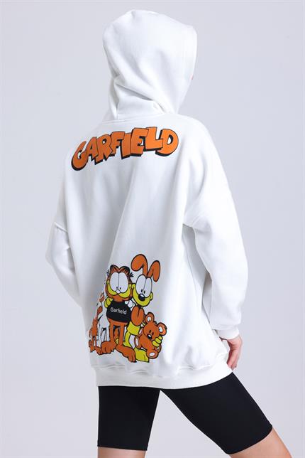  Garfield Baskılı İçi Polarlı Kapüşonlu Kanguru Cepli Oversize Sweatshirt - Beyaz