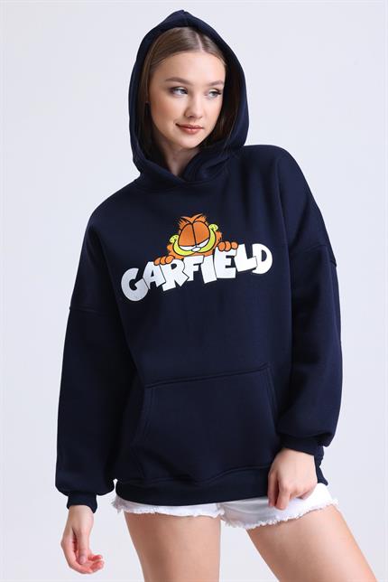  Garfield Baskılı İçi Polarlı Kapüşonlu Kanguru Cepli Oversize Sweatshirt - Lacivert