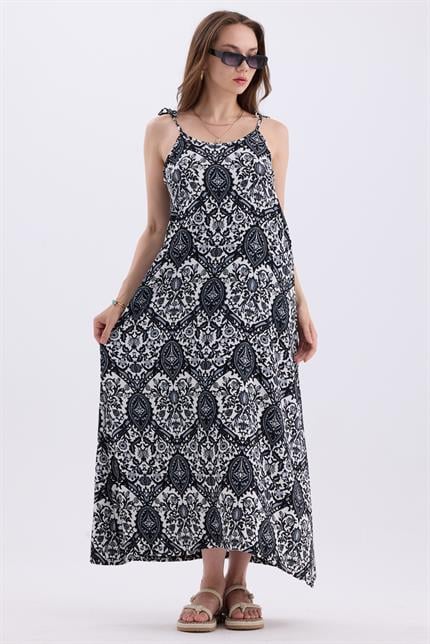 Askılı Bağlamalı Asimetrik Geniş Kesim Etnik Desenli Elbise - Siyah