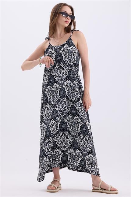 Askılı Bağlamalı Asimetrik Geniş Kesim Etnik Desenli Elbise - Siyah