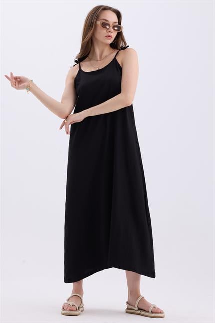 Askılı Bağlamalı Asimetrik Geniş Kesim Uzun Yazlık Elbise - Siyah